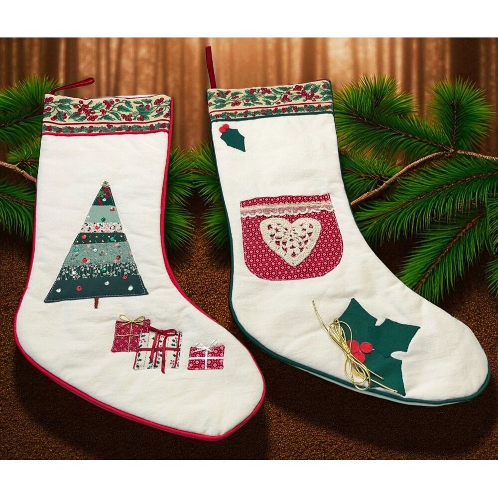 Handmade Christmas Stockings Set Embroidered Holiday Decor Tree Gifts Heart